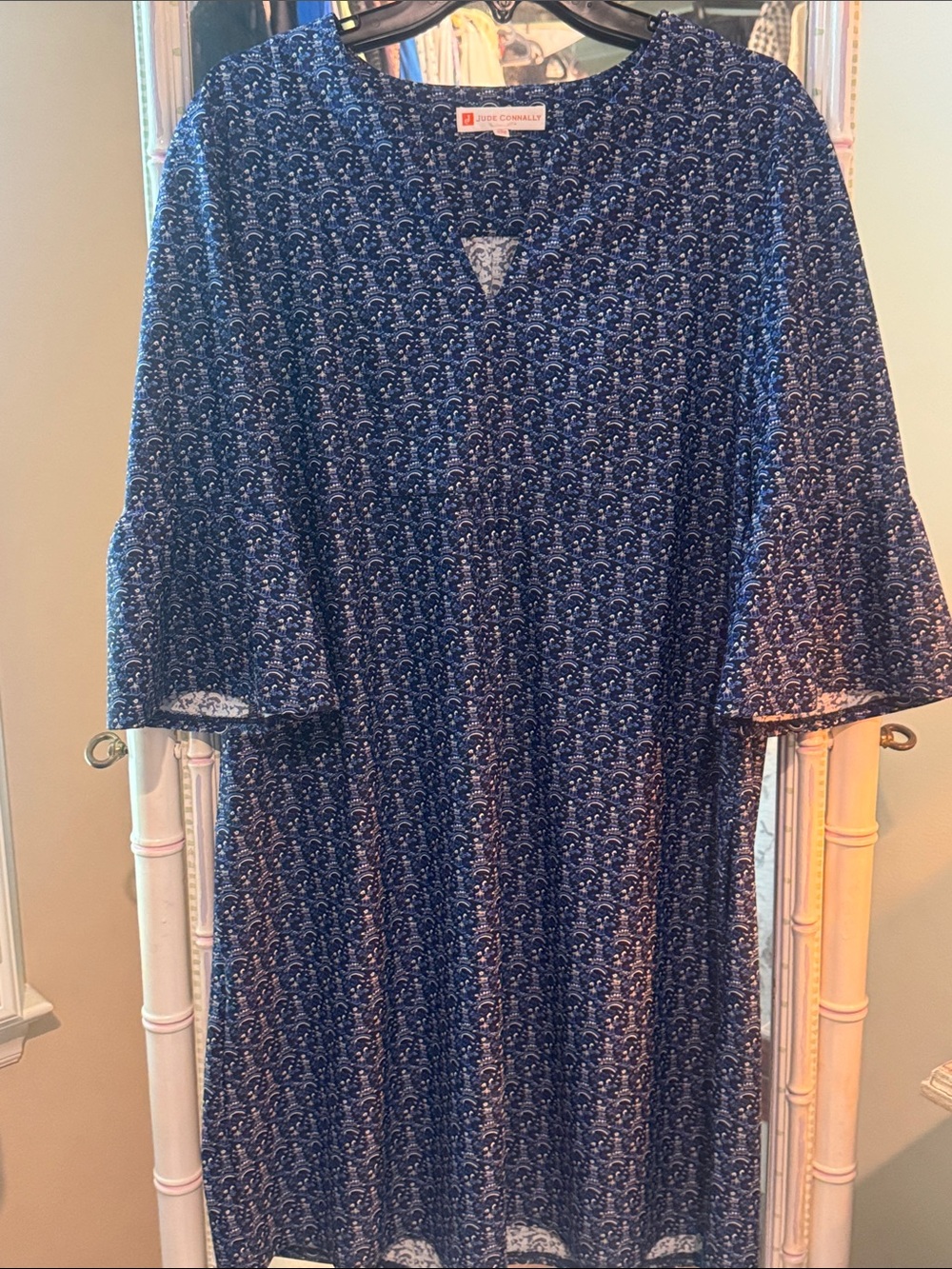Jude Connally Kerry Navy Floral Paisley Border Flutter Sleeves Dress Womens L